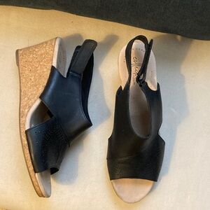 Clarks Black Leather Wedges with Tan Cork Heel